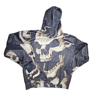 Winner Mens Skull Graphic Hoodie All Over Print Black Gray Sweatshirt Medium
